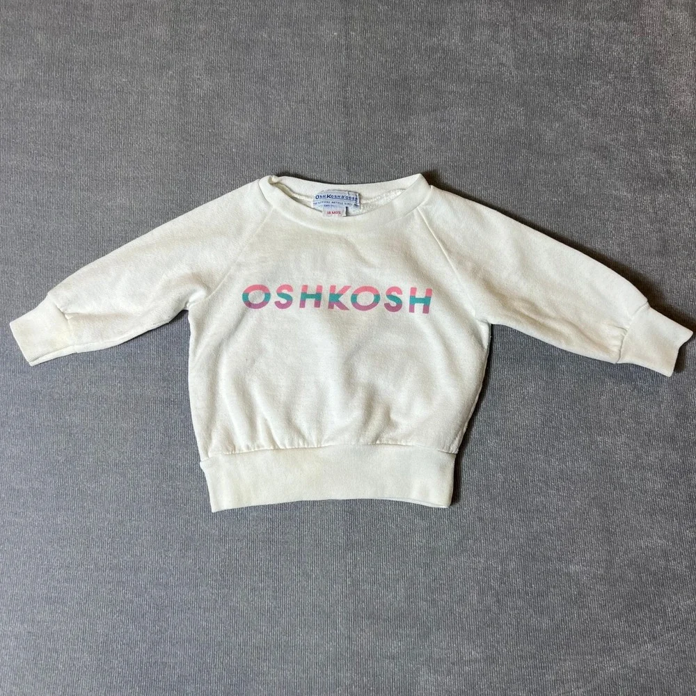 Vintage OshKosh B'gosh Kids 18M Spellout Sweatshirt White Raglan Pink Teal